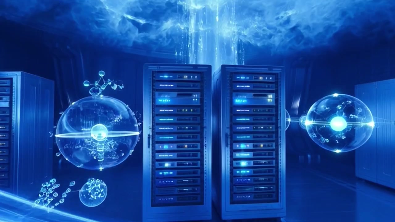 Futuristic Data Center with Glowing Digital Network and Molecular Structures
