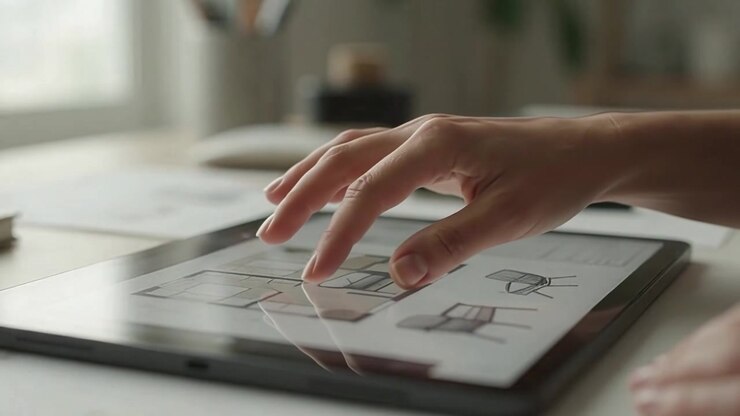 Interior Designer Using Tablet to Review Floor Plan