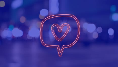 Animation-of-heart-icon-over-cityscape-at-night-on-blue-background