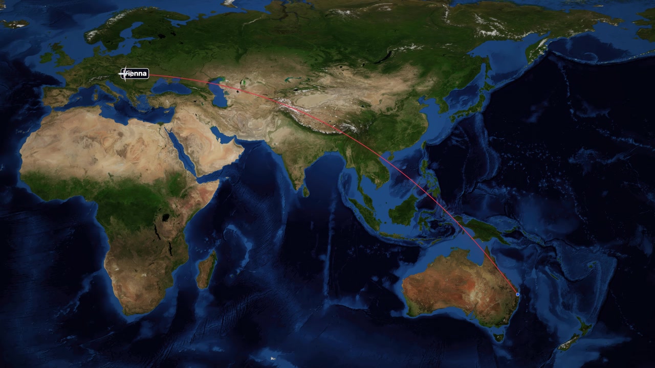 Animated Flight Path from Brisbane, Australia to Vienna, Austria on World Map