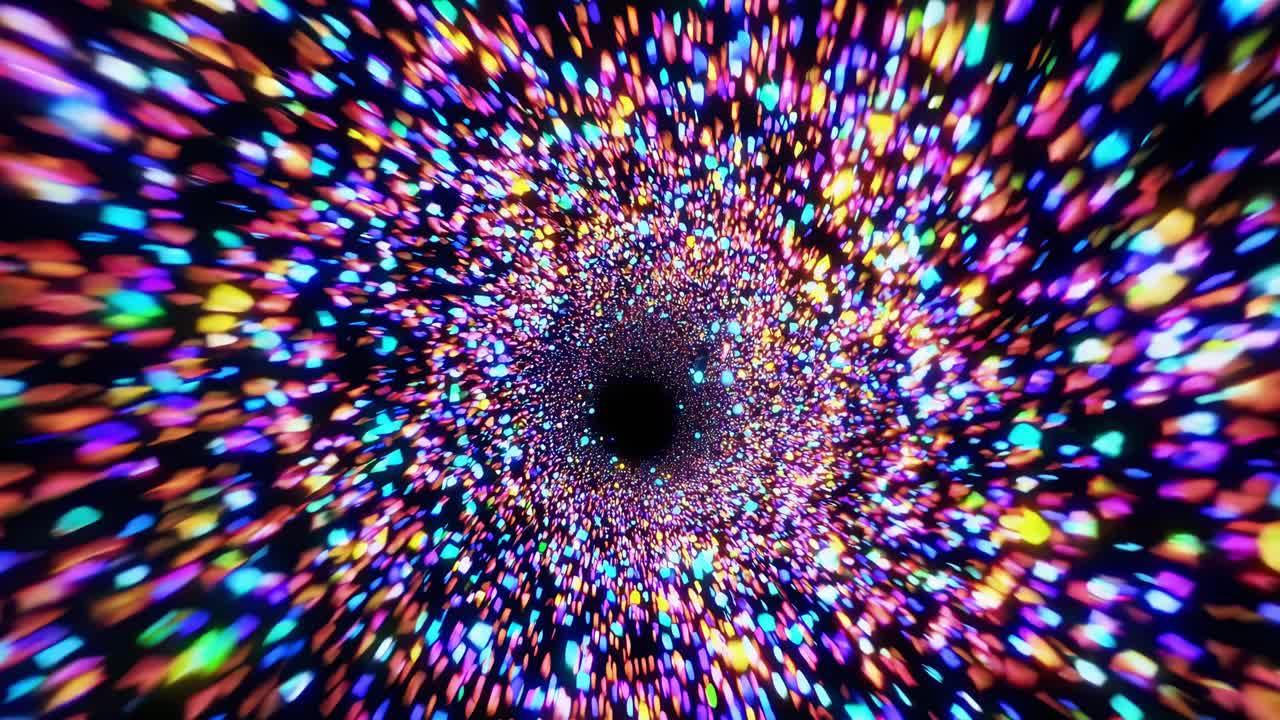 Luminous particles bursting from dark cosmic center, generating swirling vortex with brilliant energy radiating intense multicolored light patterns across vast starry background