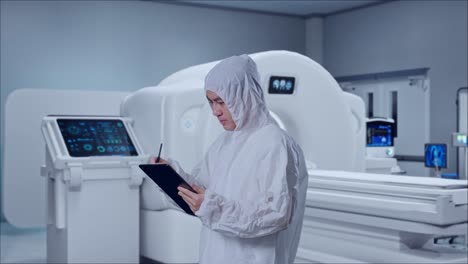 side view of asian male scientist taking note on a tablet while standing with mri machine in the hospital