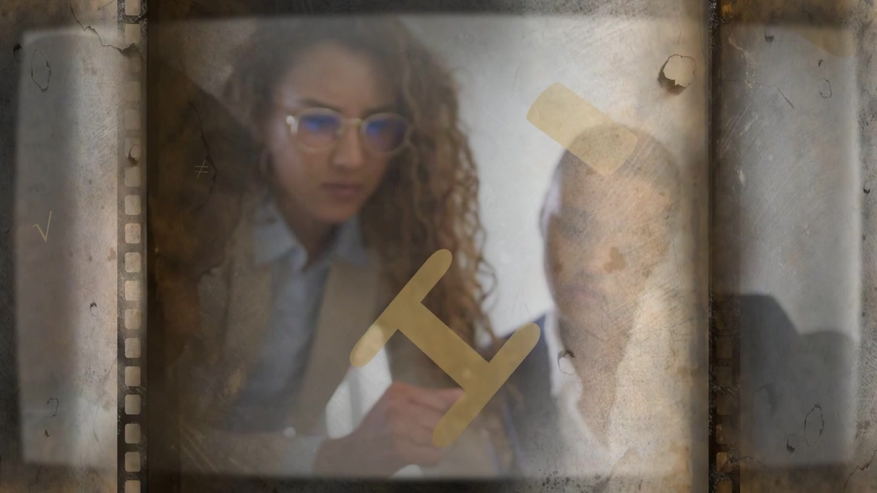 Curly woman tapping device and leading biz review, man studying, film-strip gold icons drifting
