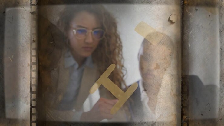 Curly woman tapping device and leading biz review, man studying, film-strip gold icons drifting