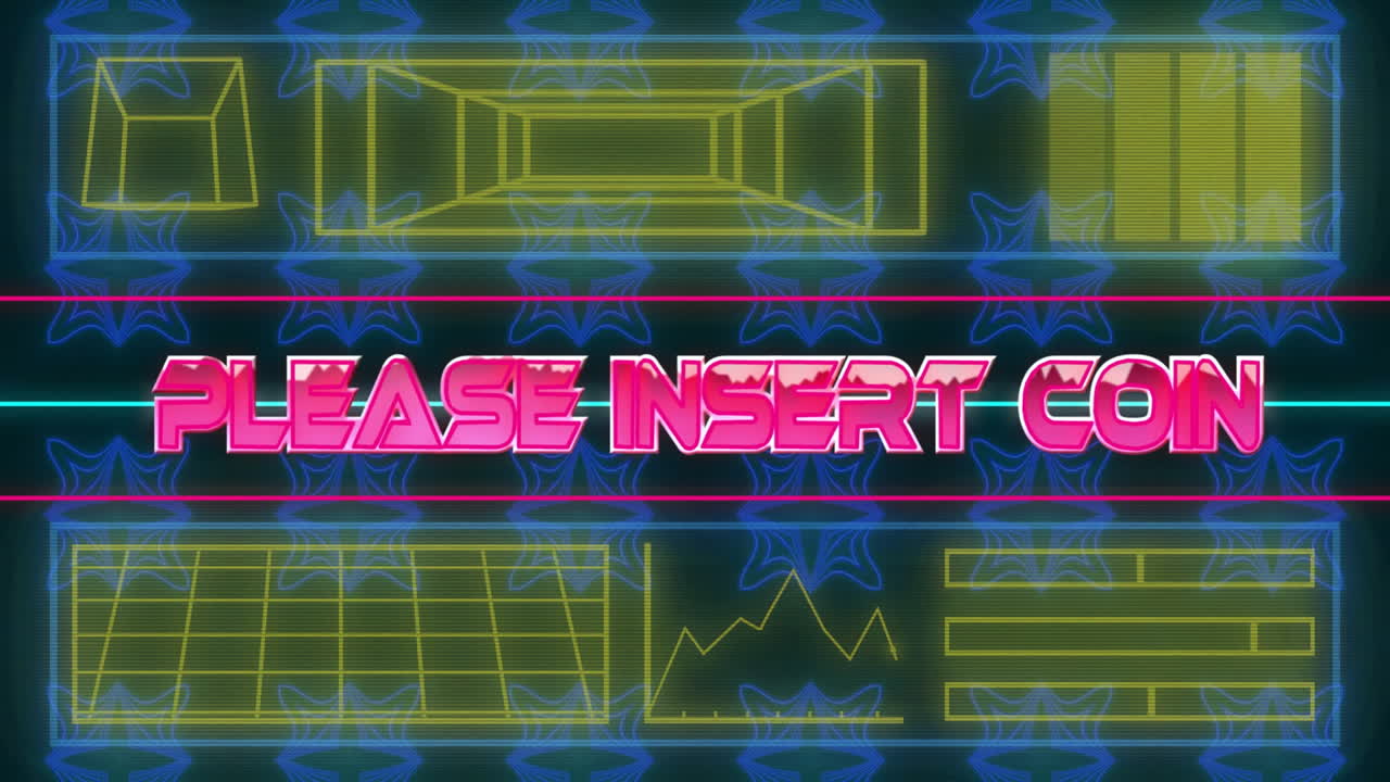 Please Insert Coin text animation over retro arcade game graphics