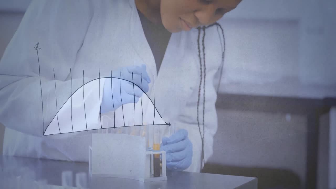 animación de gráficos sobre una trabajadora de laboratorio biracial con muestras