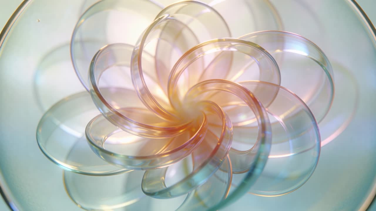 Vertical video: Pulling camera back revealing rotating glass spiral in studio with color sheen, rim