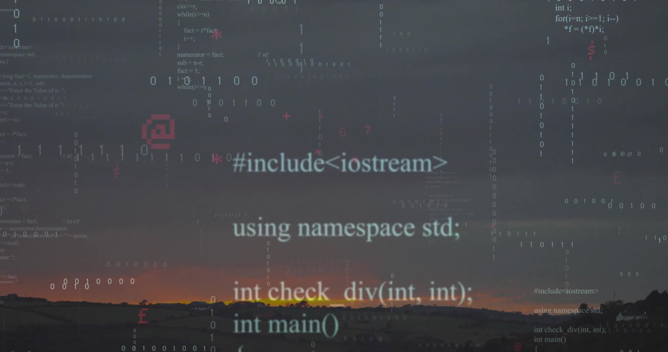 Sunset horizon initiating glow then binary digits rising and code cascading visualizing data