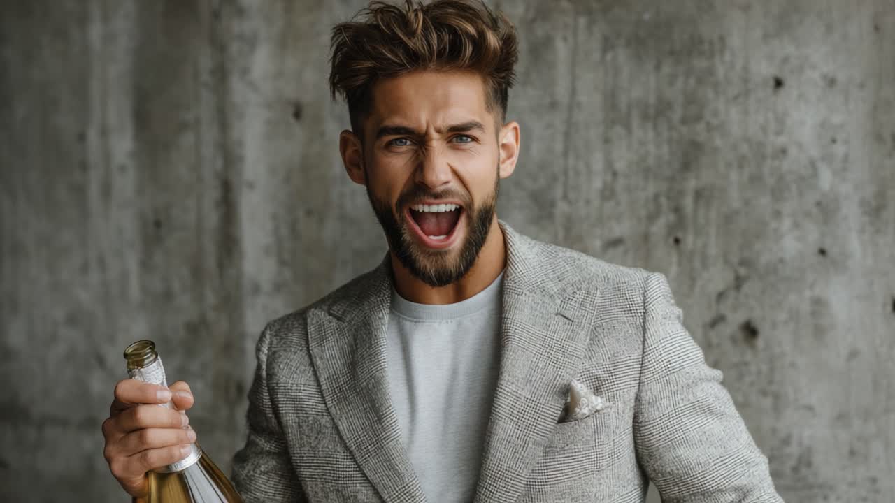 Celebrating Life: A Joyful Man in a Grey Suit Holding Champagne, Radiating Happiness and Excitement Against a Modern Concrete Background