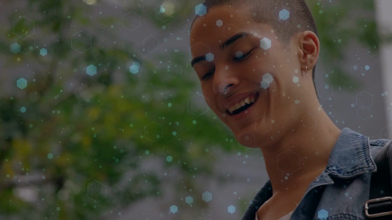 Man tapping phone screen causing hex overlay, cam revealing smile checking messages for mobile tech
