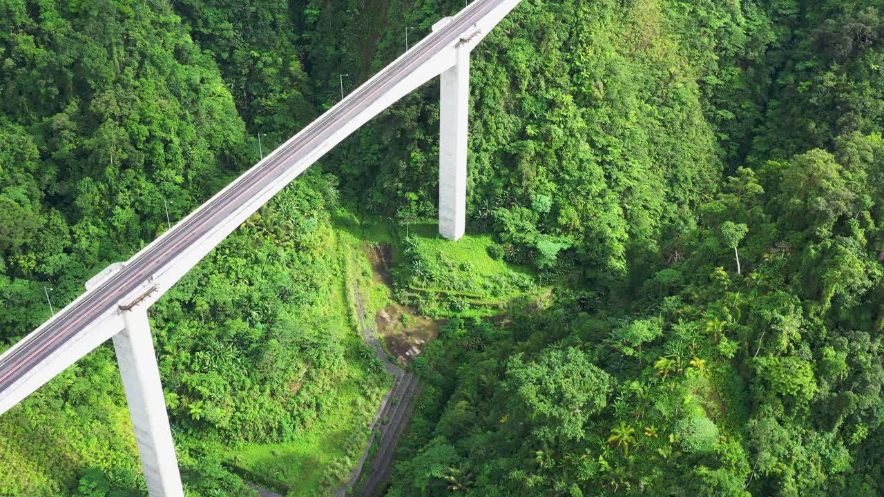 필리핀 남부 레이테 소고드에 있는 범필리핀 고속도로에 푸른 산이 있는 아가스-아가스 빔 브리지
