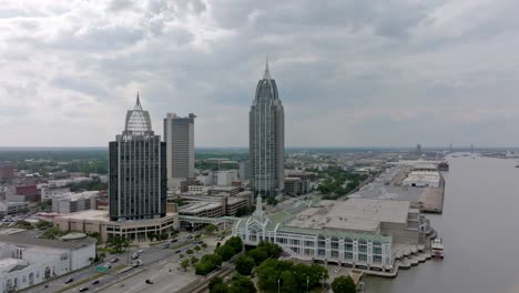 downtown mobile, alabama skyline with drone video moving right to left