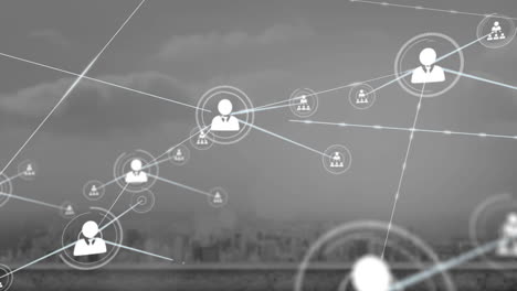 animación de una red de iconos de perfil frente a una vista aérea del paisaje urbano