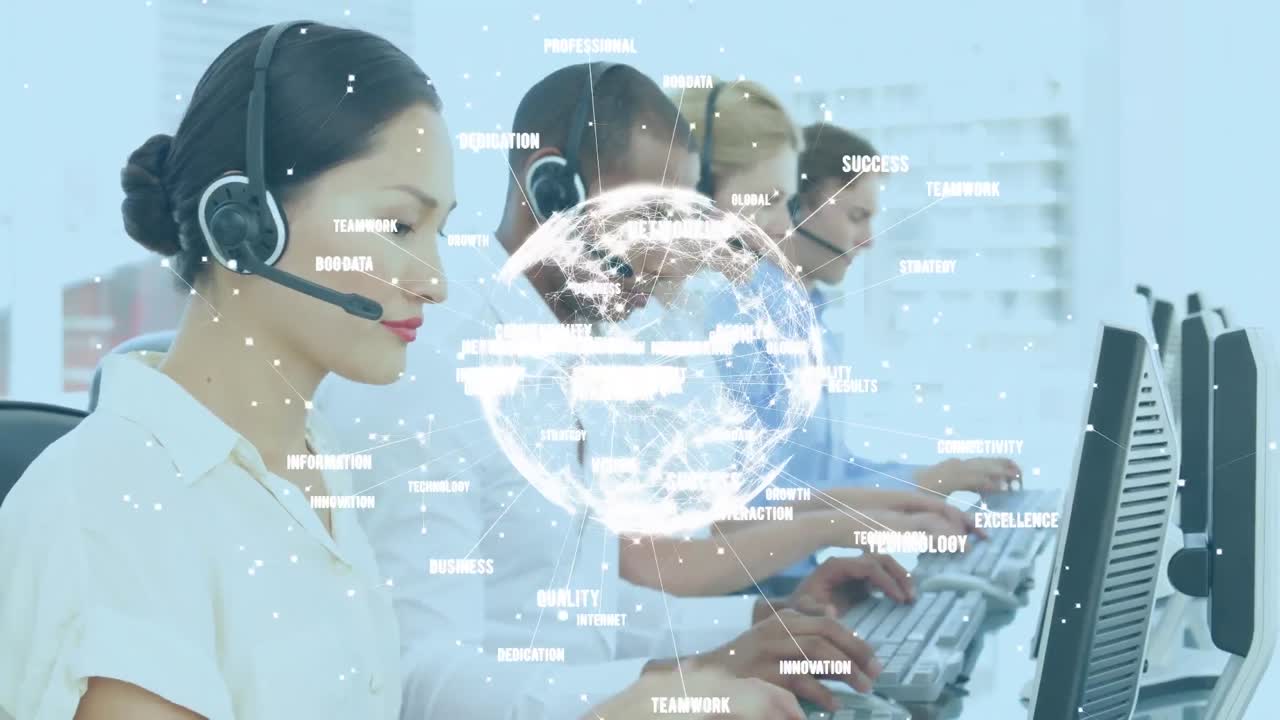 컴퓨터를 사용하는 비즈니스 사람들에 대한 연결 네트워크와 함께 지구촌의 애니메이션