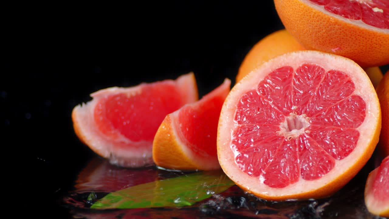 Pieces of ripe grapefruit falling water drops with a splash.
