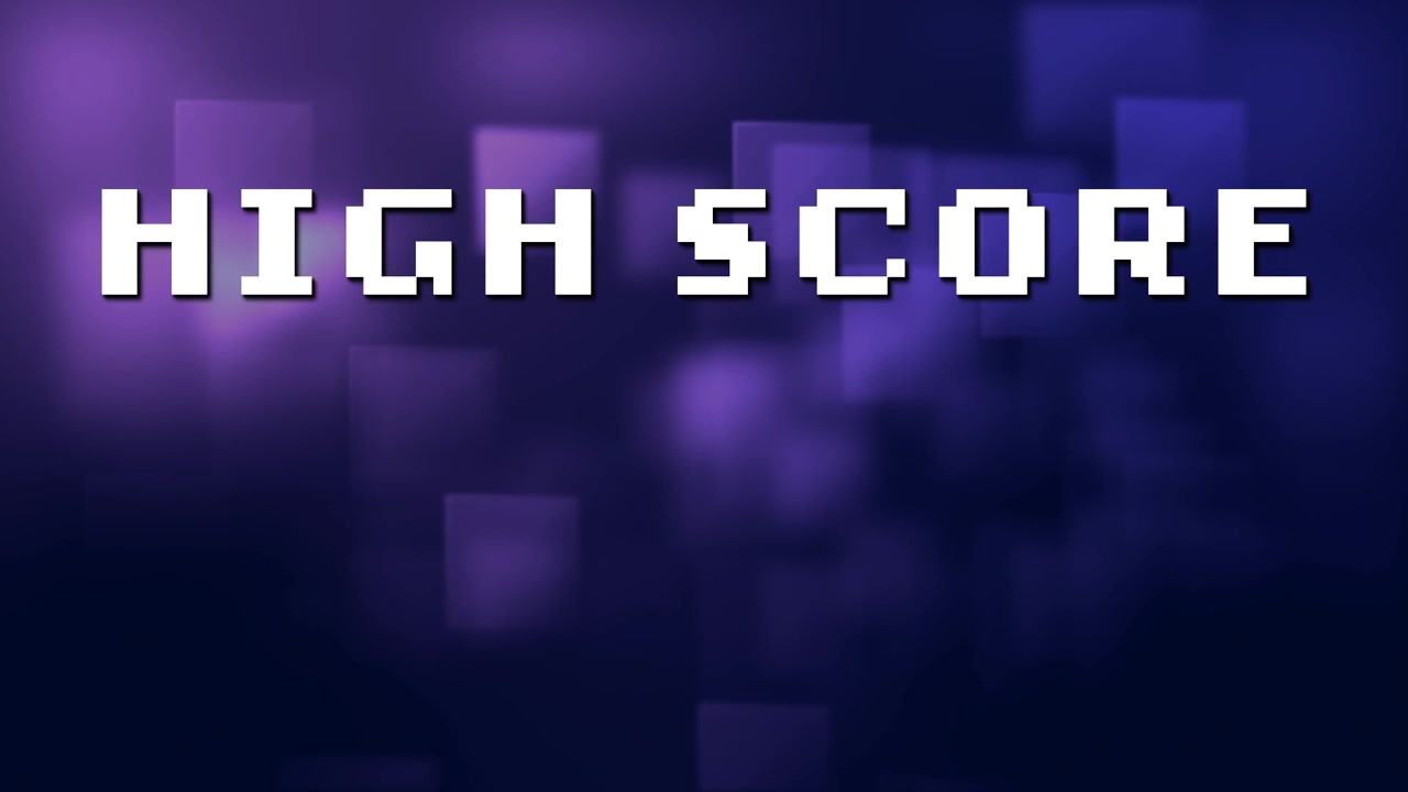 Animation of high score text over neon blue square shapes on interface of video game