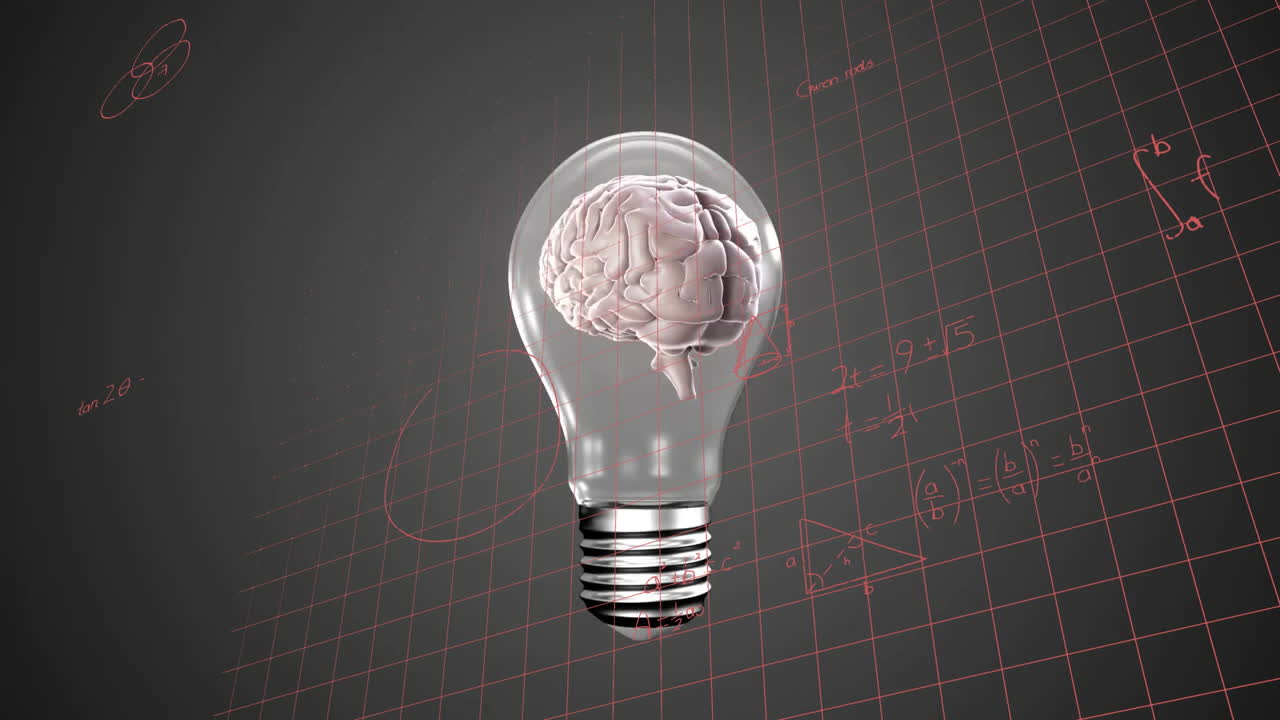 Animation of mathematical data processing over human brain in lightbulb