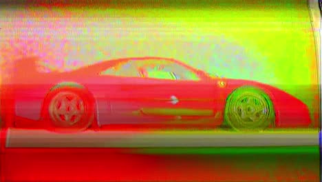 a vibrant glitching shot of the iconic red ferrari f40, captured from the side in a film studio. the red, yellow, and green hues create a striking visual effect, highlighting the car's design.