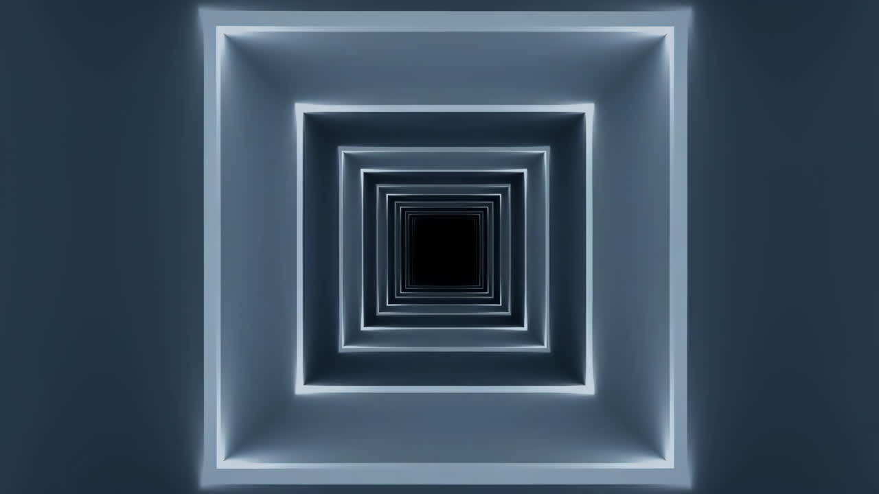 Voando Através de um Túnel Geométrico Abstrato com Molduras Quadradas Luminosas