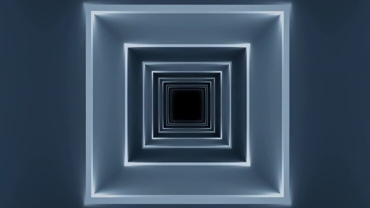 Volando a través de un túnel geométrico abstracto con marcos cuadrados brillantes.