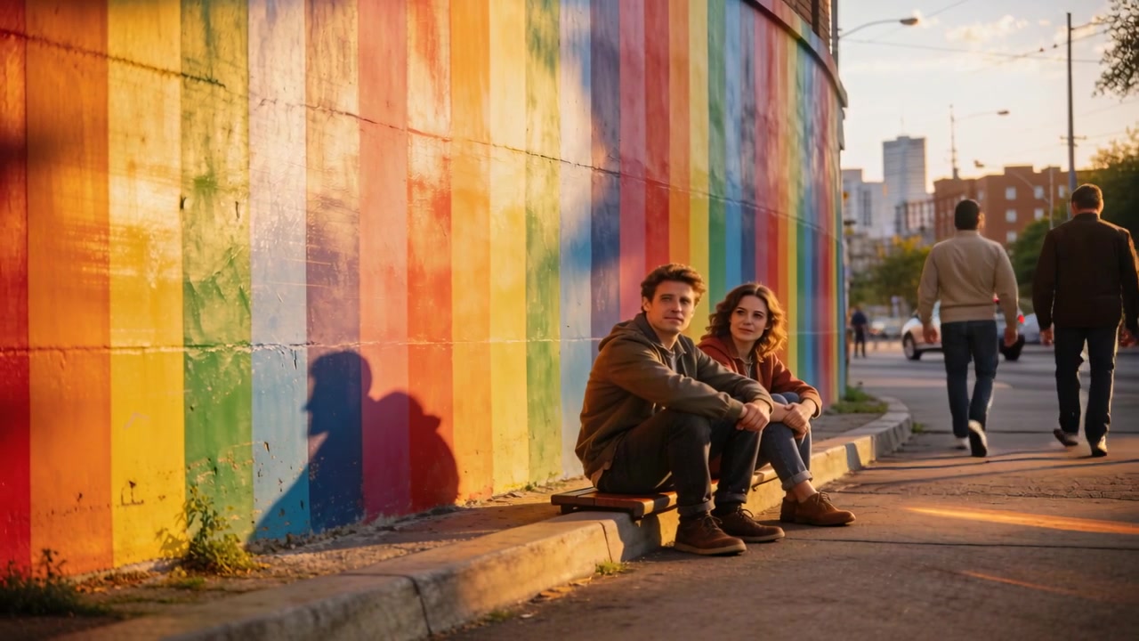 Casal sentado usando moletom com capuz em um banco na calçada, olhando para um transeunte que passa pelo mural, com espaço para texto.