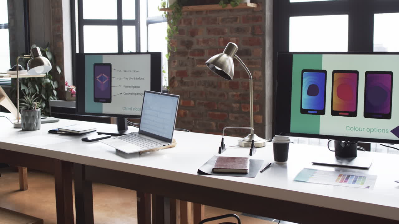 el espacio de trabajo de negocios moderno está equipado con múltiples monitores, una computadora portátil y varios suministros de oficina