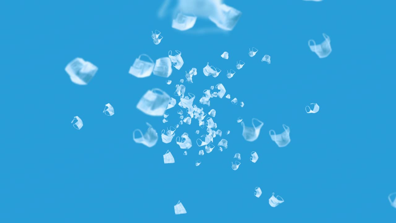 파란색 바탕에 많은 색 마스크를 날리는 의료 개념, 수술 보호 마스크, 마스크 회전의 3d 애니메이션, 루프 애니메이션.