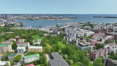 aerial view over lauttasari, toward jatkasaari, summer in helsinki, finland