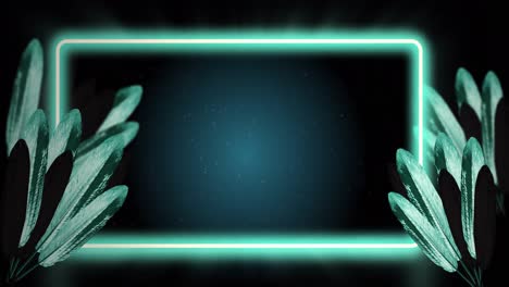 animatie van groene tropische bladeren met groen neonframe op donkere achtergrond.