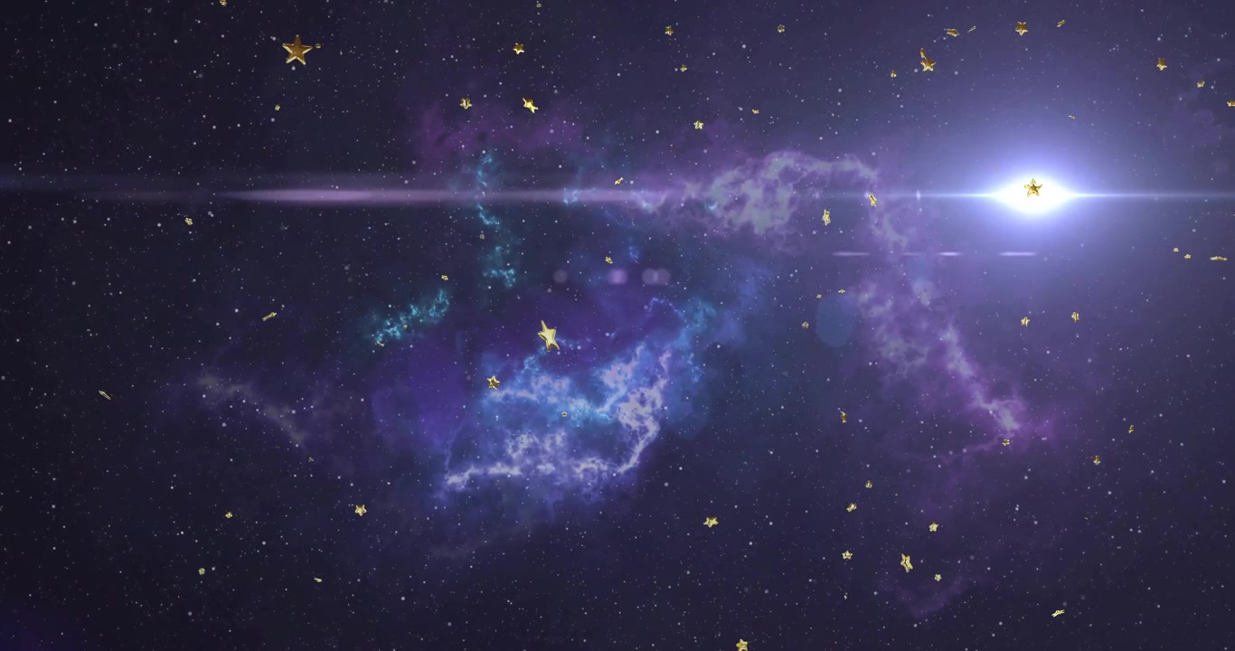 White star appearing sending lens flare highlighting violet blue nebula and drifting golden stars