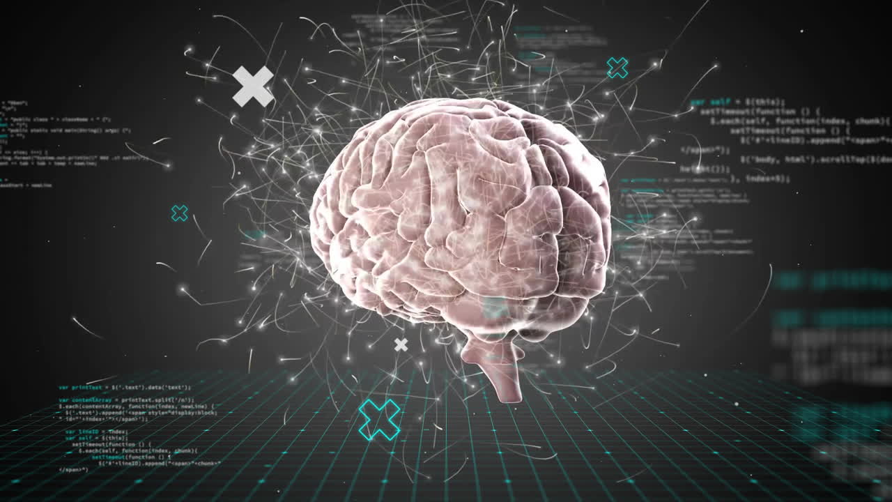 Animation of human brain and data processing over dark background