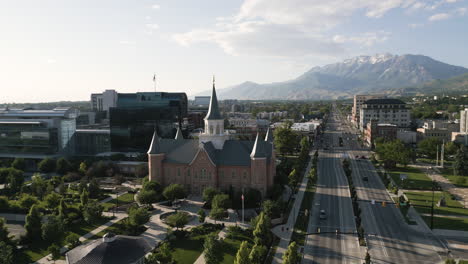 aerial tracking view of lds mormon temple in provo, utah, summer morning