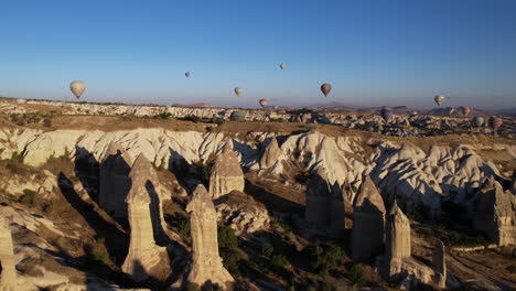 aerial view of hot air balloons and chimney rock formations in cappadocia turkey on sunny morning, drone shot