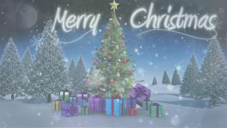 copos de nieve cayendo sobre el texto de feliz navidad contra el árbol de navidad en el paisaje de invierno