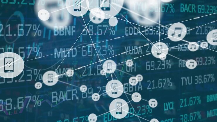 Animazione di una rete di icone digitali su elaborazione di dati del mercato azionario su sfondo blu