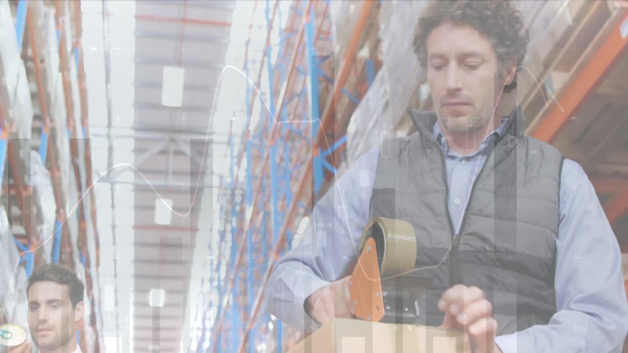 창고에서 일하는 사람들에 대한 데이터 처리의 애니메이션