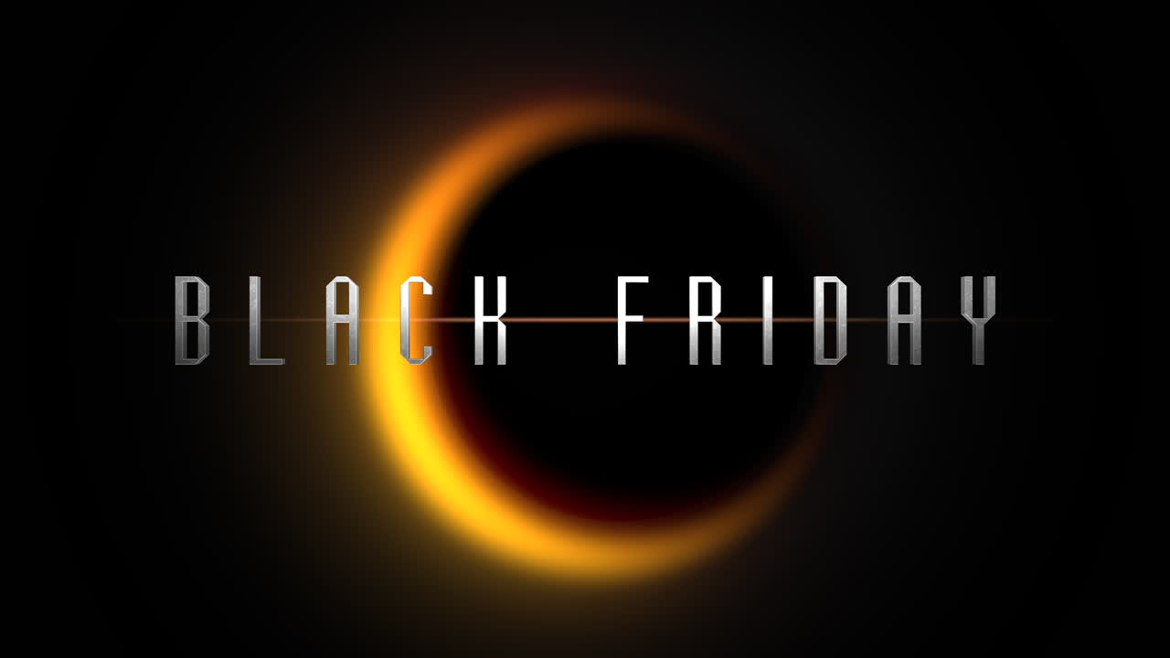 Testo Black Friday con luna gialla in galassia