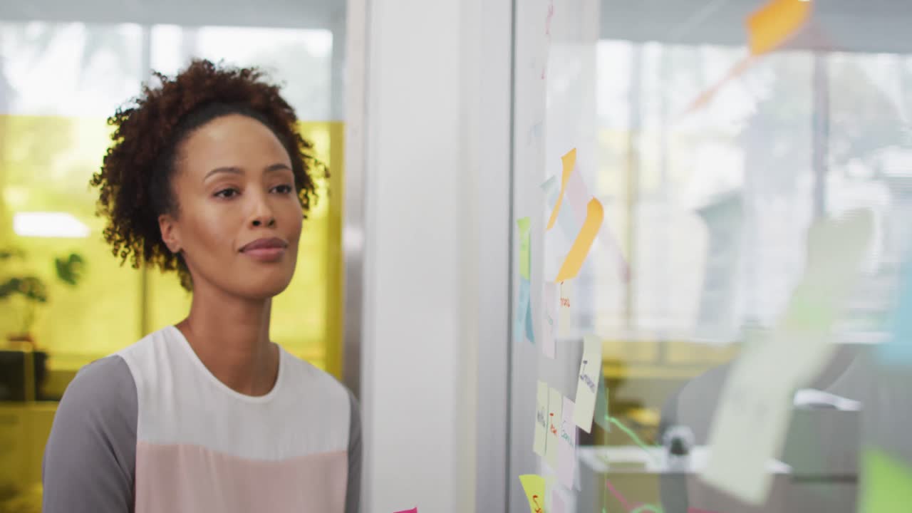 Smiling mixed race businesswoman brainstorming, sticking memo notes on transparent board