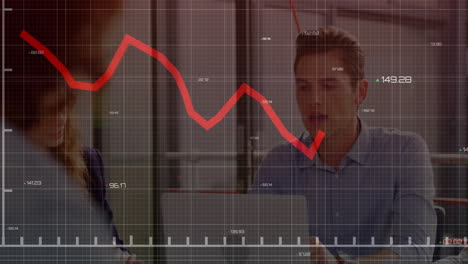 animation of data processing and diagrams over diverse business people discussing work