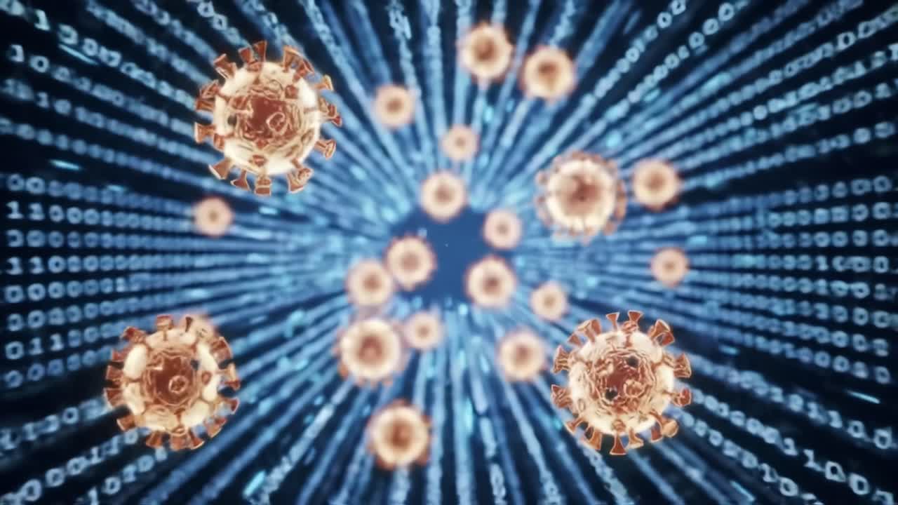 Visual Representation of Viral Spread Amidst Binary Data, Illustrating the Intersection of Technology and Biology in Modern Viral Research and Data Analysis