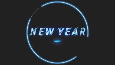 happy new year text with neon circle on black gradient