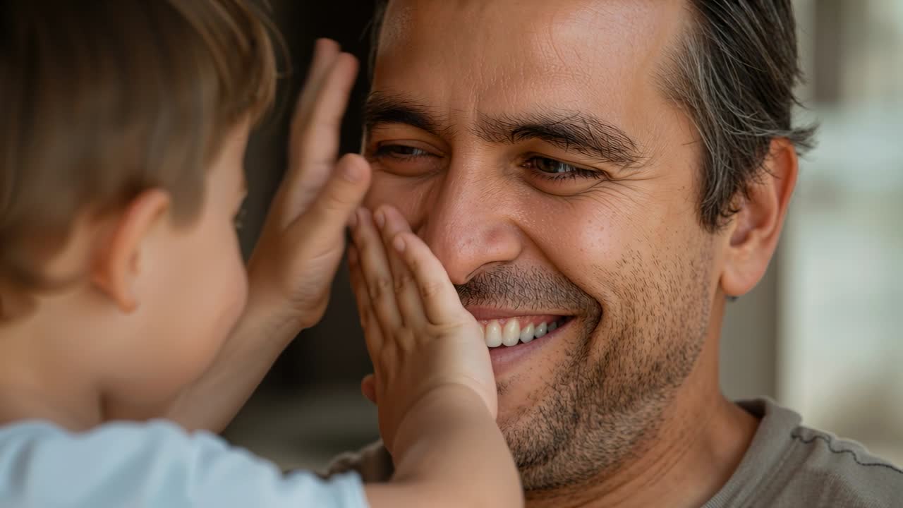 Reaching toddler placing hands over dad's face at home, starting peekaboo with dad smiling in tee