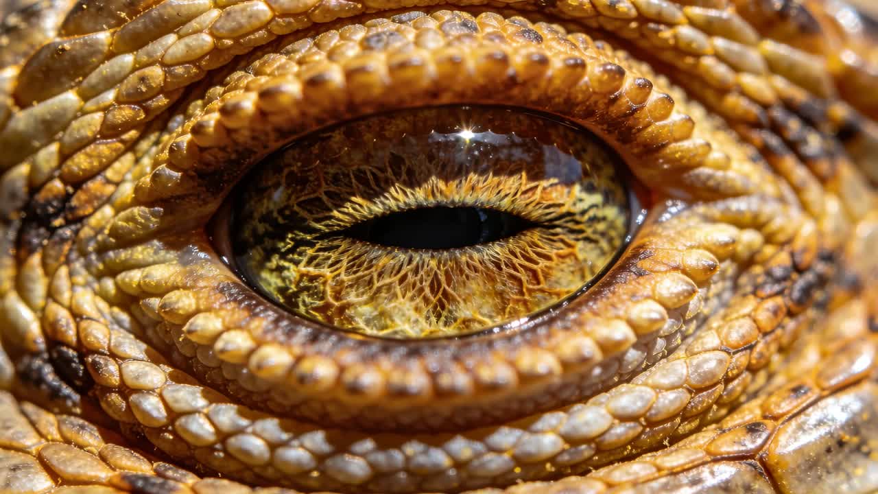 Video verticale: Mostrando il fotogramma 1, occhio di lucertola che ammicca parzialmente, pupilla a fessura visibile in macro-squame.