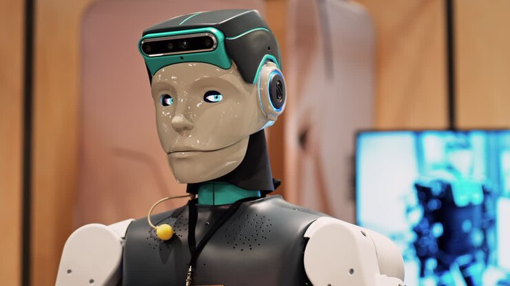 Cannes, Francia - 15 febbraio 2025: robot umanoide con un corpo elegante in bianco e nero e occhi blu luminosi, in piedi a una conferenza