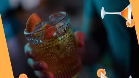 animation of cocktail glasses falling over woman holding cocktail in background