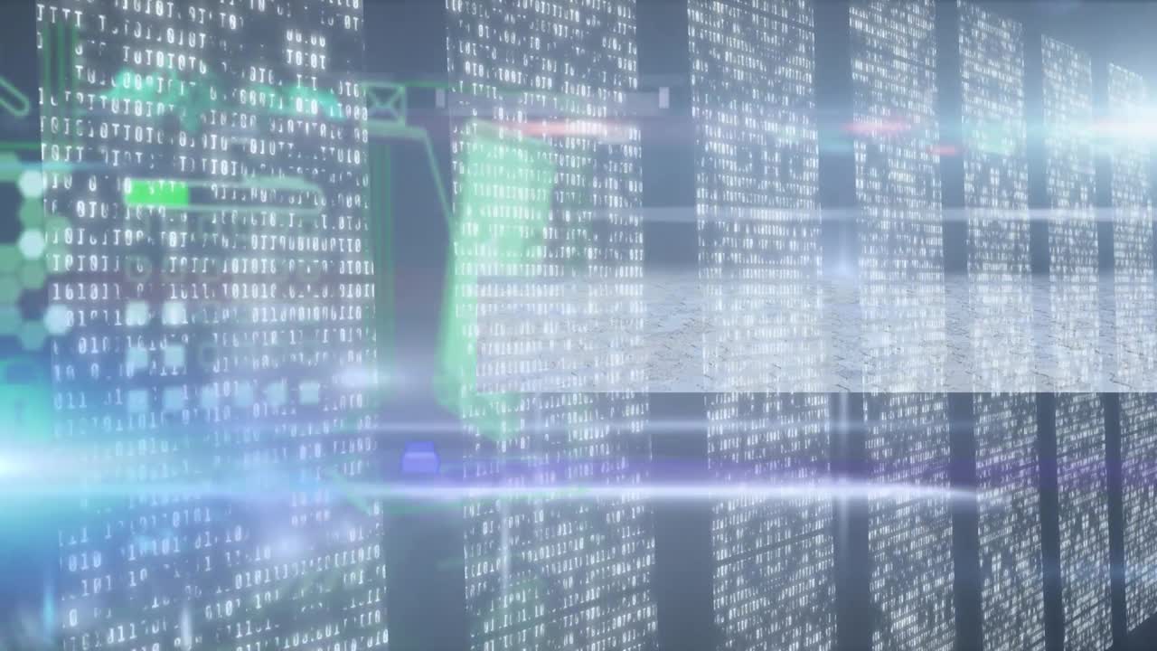 Animation of data processing and light spots on black background