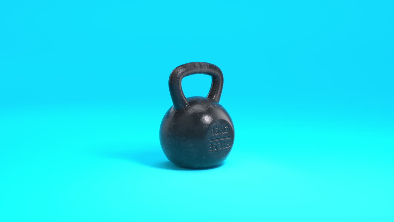 3d 애니메이션: 블랙 아이언 파워 바벨이 활기찬 파란색  ⁇ 은 배경에서 회전합니다.