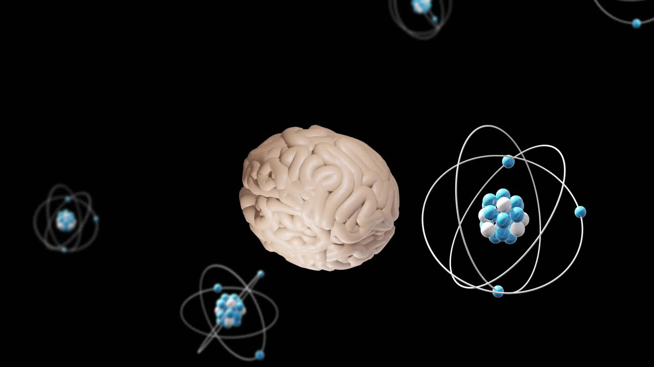 Animation of brain and scientific data processing over black background