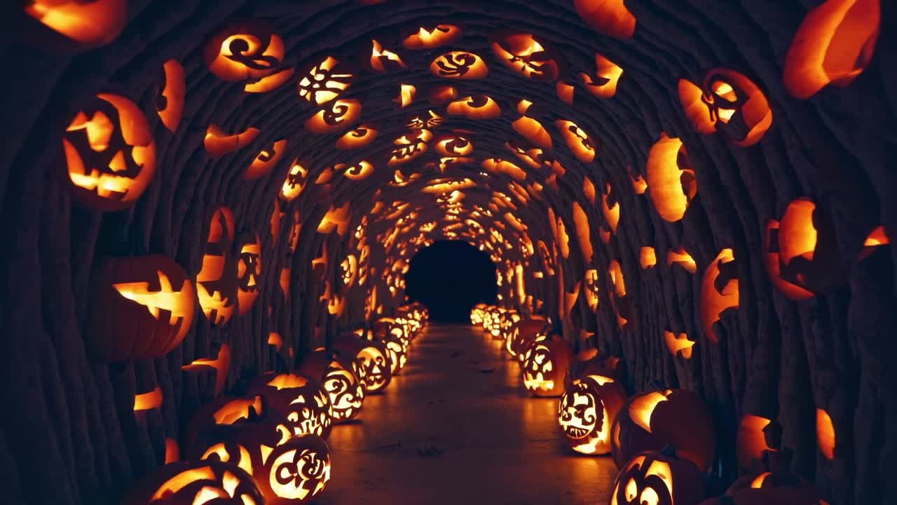 Enchanting tunnel adorned with glowing jack-o'-lanterns, showcasing intricate designs and warm illumination, creating a captivating Halloween atmosphere throughout the scene