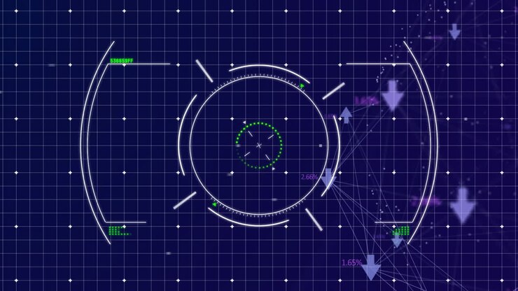 Futuristic data analysis animation with circular interface and digital graphs